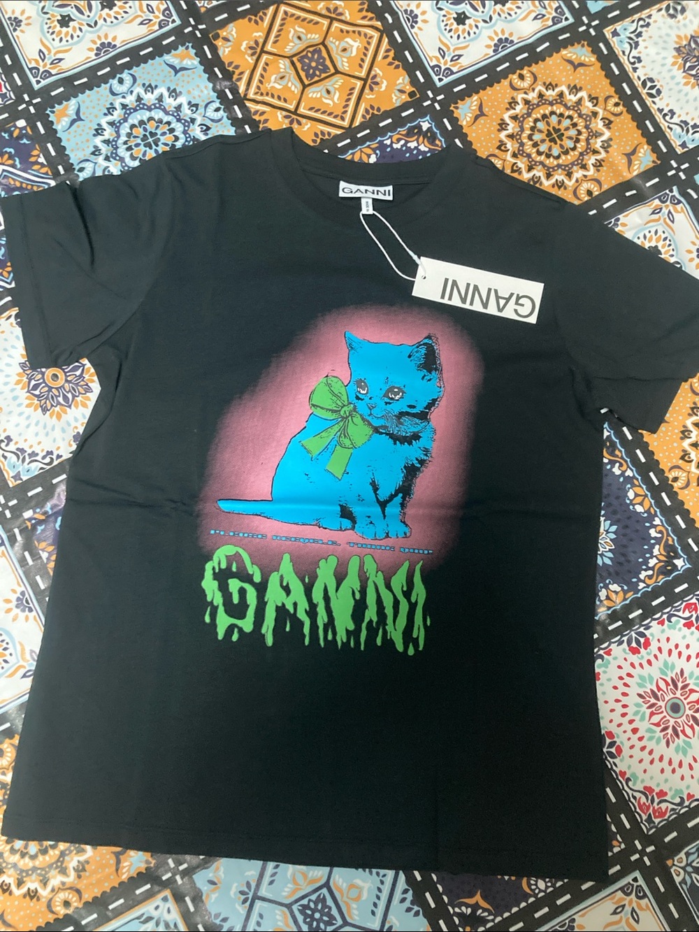 Ganni Black Neon kitty Graphic T-shirt green Bow Kitten print crew neck short Te